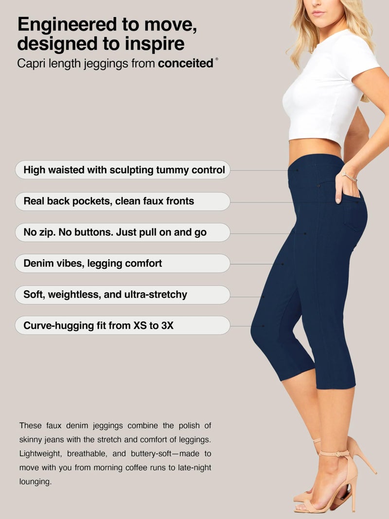Conceited Capri Leggings - Jeggings for Women with Pockets - High Waist - Tummy Control Shaping - Regular and Plus Size - Denim Blue - Large - X-Large - Image 2